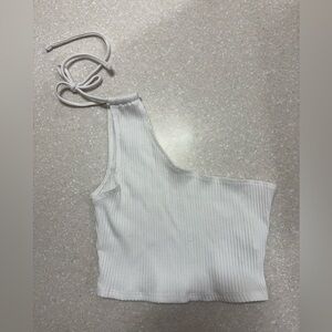 Aerie White Ribbed Asymmetric Crop Top